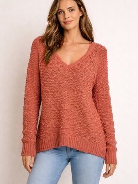 Free People Songbird Sweater Carnation Pink Popcorn Knit Boho V Neck S